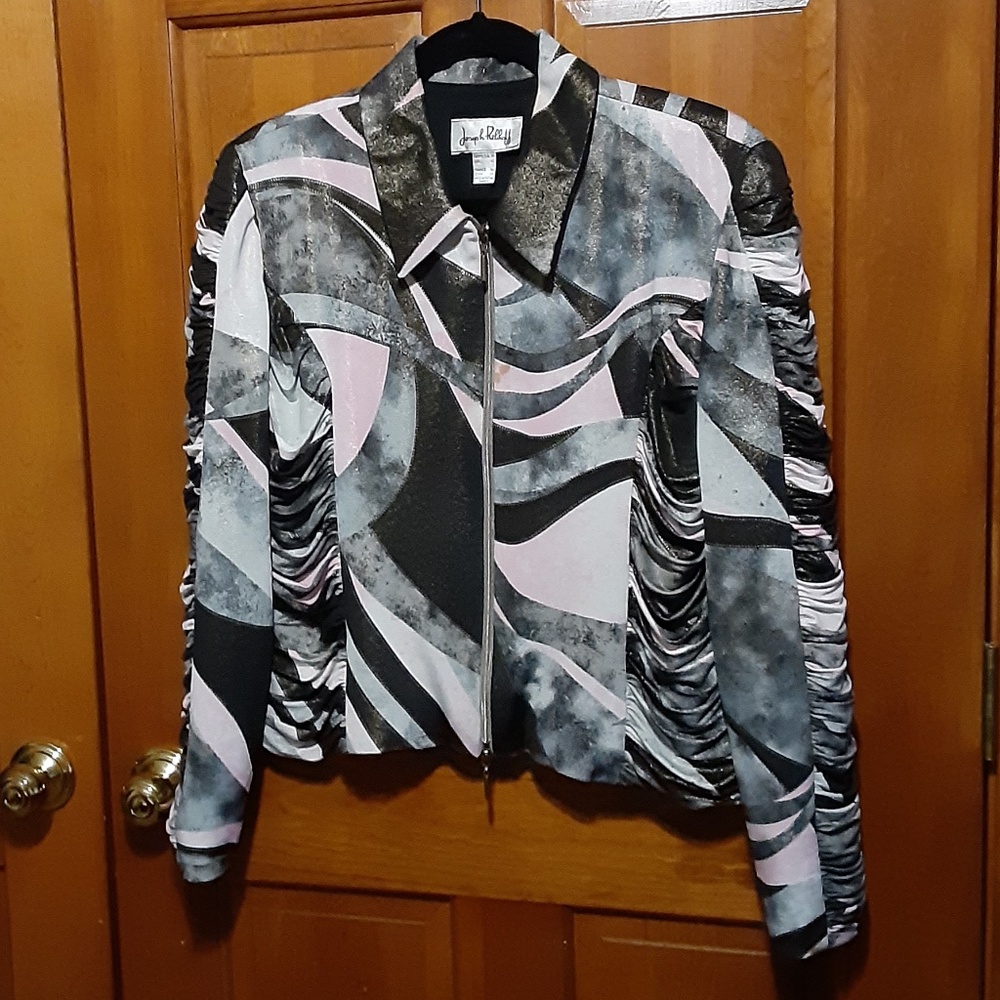 Joseph Ribkoff Black Gray Pink Abstract Zip-Front Blazer